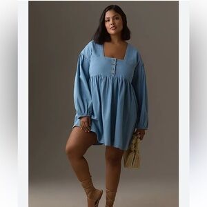 By Anthropologie Long-Sleeve Square-Neck Denim Mini Babydoll Dress Size 1X